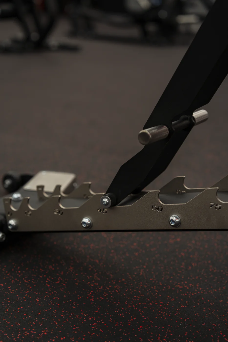 Close-up of the adjustable bench backrest support and angle adjustment