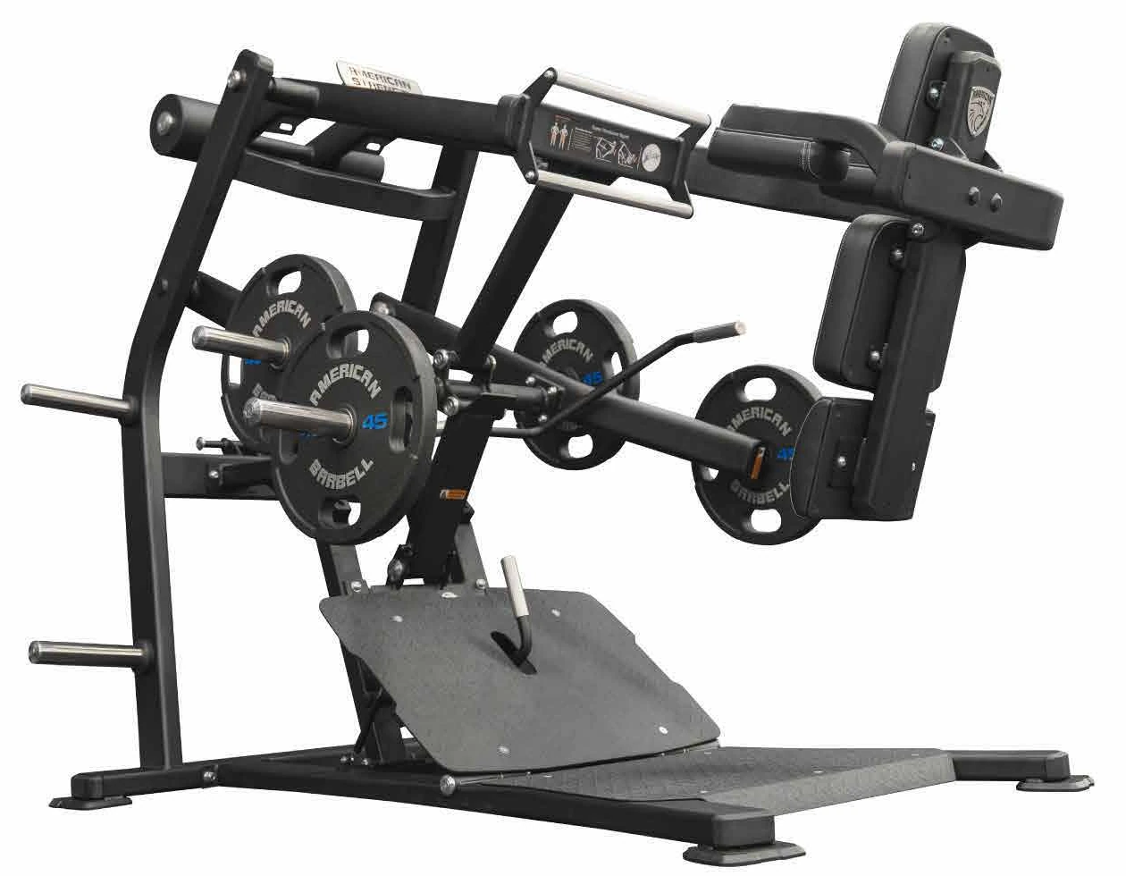 American Strength plate-loaded Pendulum Squat with counterbalance, shoulder pads, and angled footplate